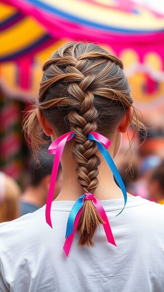 A girl showing off a braided ponytail with pink and blue ribbons.
