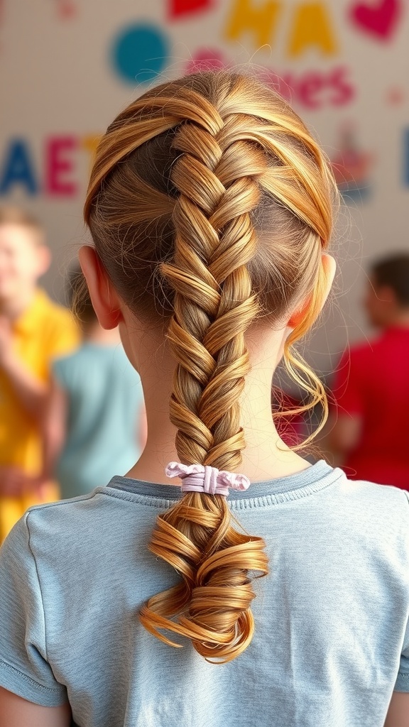 A child's back view with a braided ponytail and spiral curls, showcasing a neat and playful hairstyle.