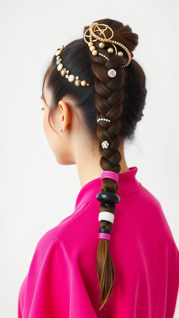 A woman with a braided ponytail featuring statement accessories, showcasing gold and pearl embellishments.