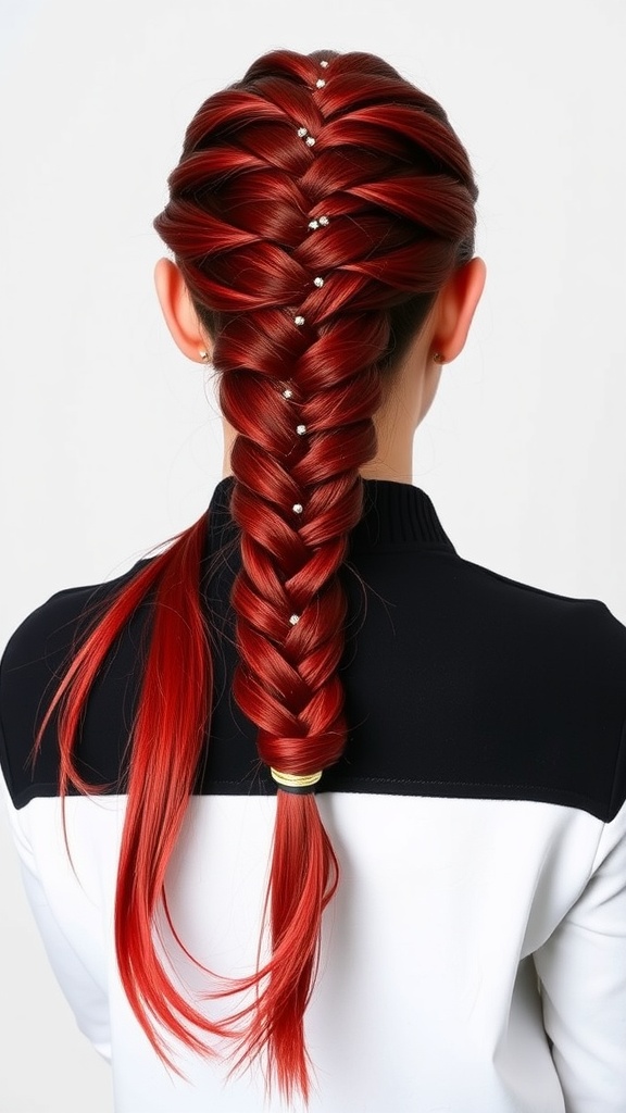 A braided red ponytail with ombre tips, showcasing shiny strands and decorative beads.