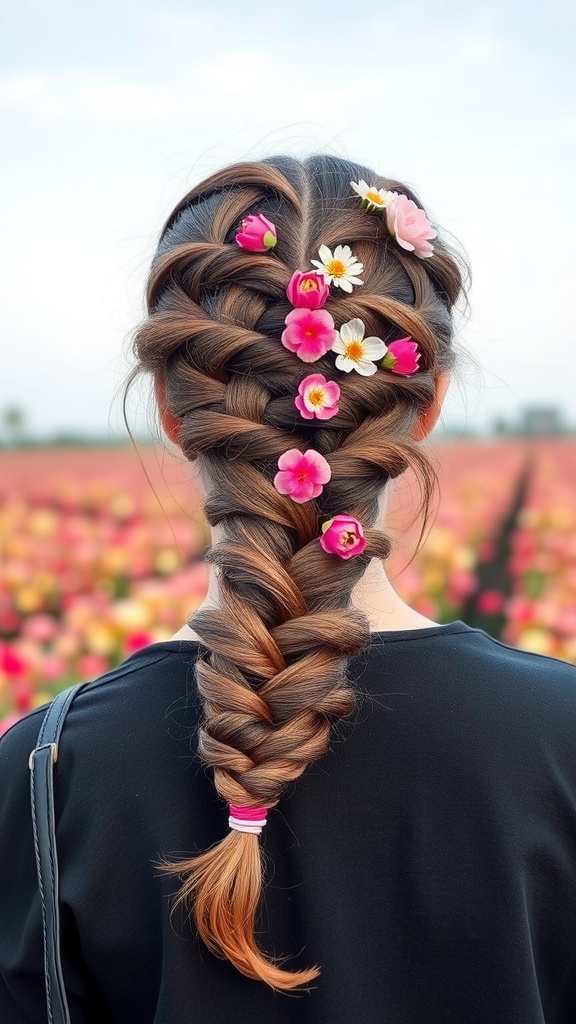 A girl with a braided side ponytail decorated with flowers, standing in a field of colorful flowers.