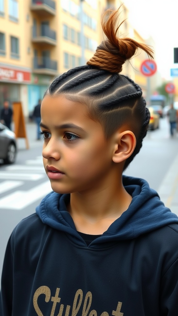 A young boy with braided top knot hairstyle, featuring closely braided sides and a high knot on top.