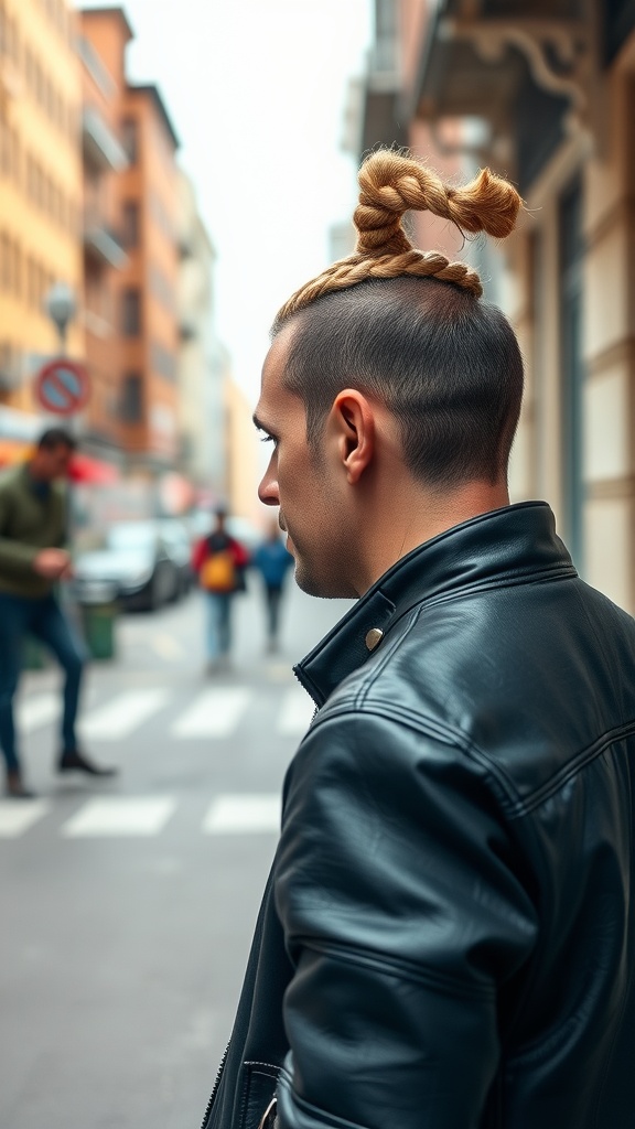 Man with braided top knot hairstyle, wearing a leather jacket, walking in a city street.