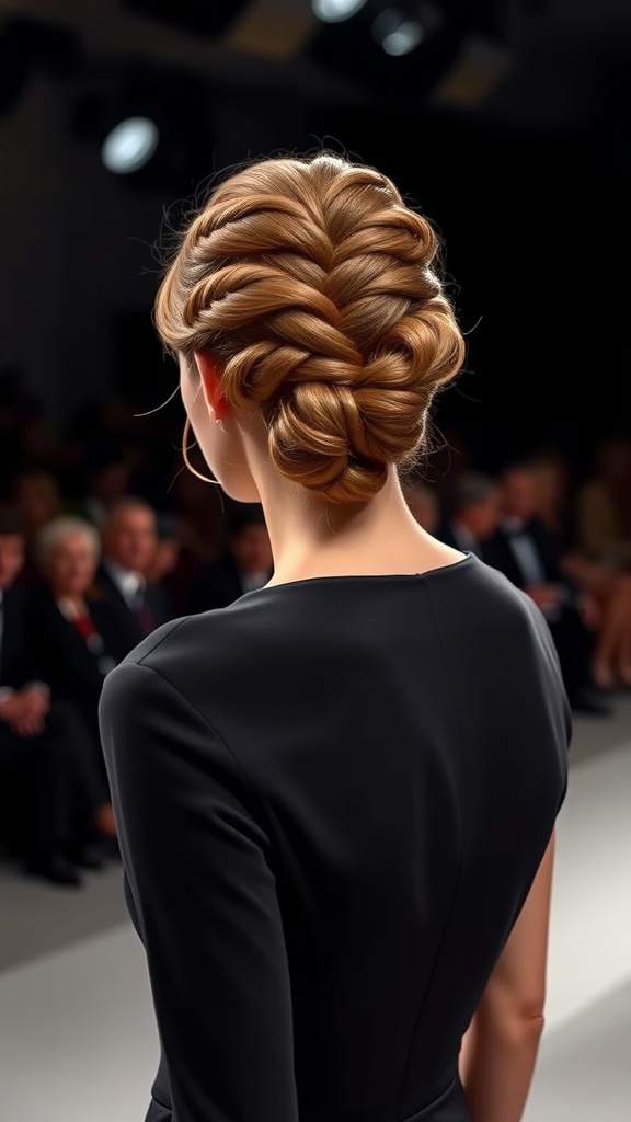 A woman with a braided updo hairstyle wearing a black dress, viewed from the back.