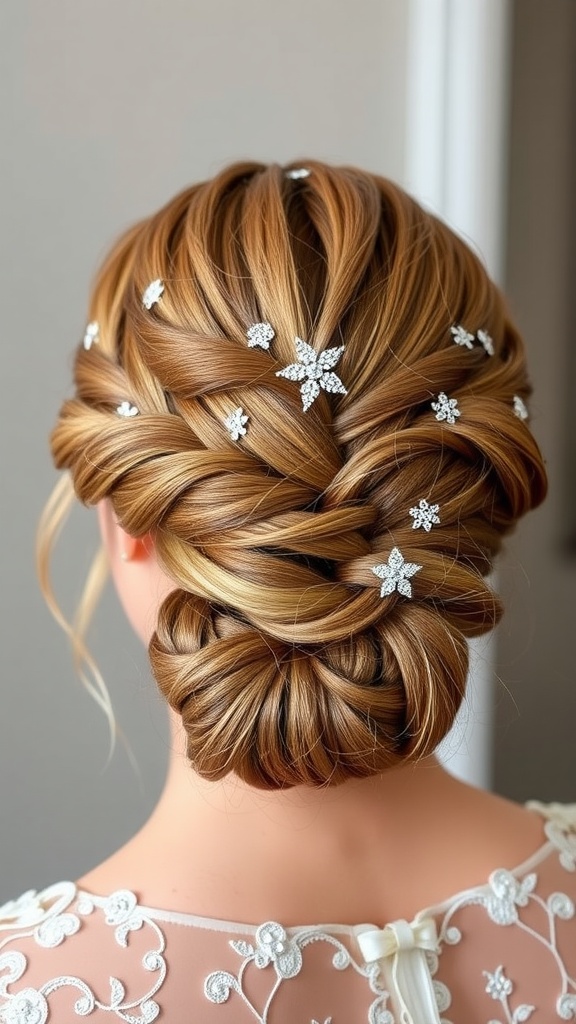 A detailed braided updo hairstyle adorned with sparkling accessories.