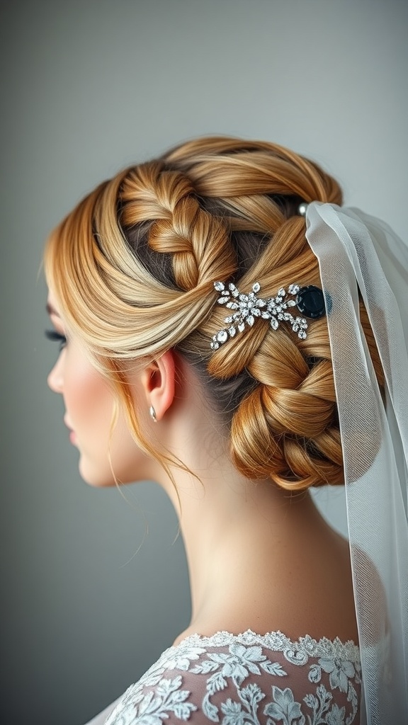 A beautiful braided updo hairstyle adorned with a decorative hairpiece, perfect for special occasions.