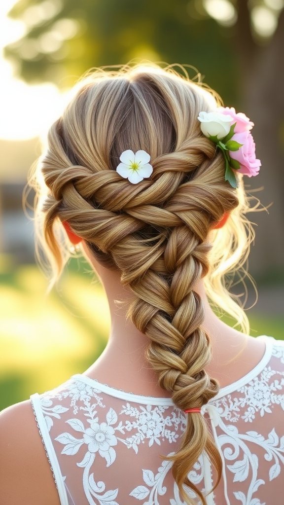 A braided updo hairstyle featuring intricate braids and floral accents, perfect for a summer wedding.