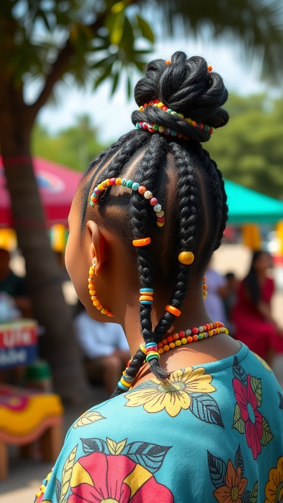 A braided updo hairstyle featuring colorful beads, showcasing a stylish and playful look.