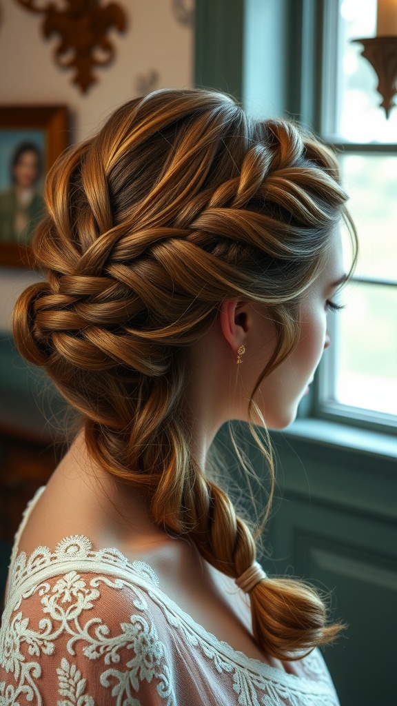 A woman with a messy braided updo hairstyle featuring tendrils, looking out a window.