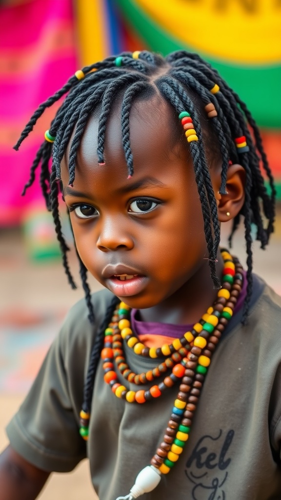 A young boy with braided hair adorned with colorful beads, wearing necklaces.