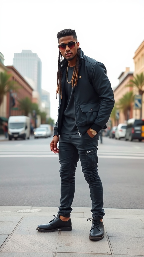 A young man with braids and a fade haircut, dressed in a stylish outfit, standing confidently in an urban setting.