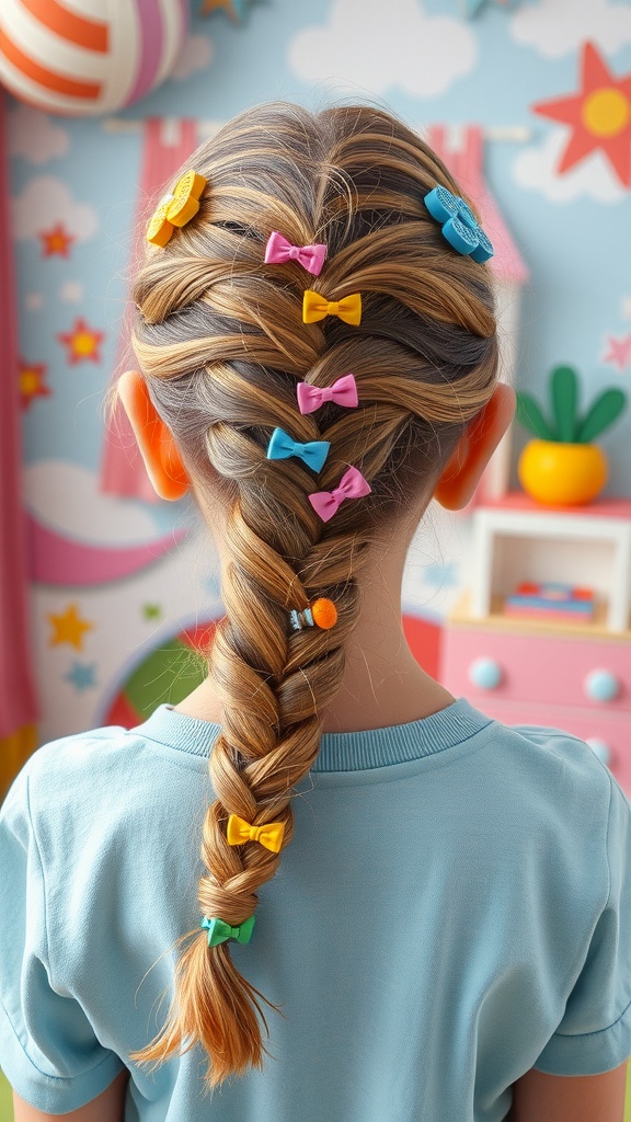 A colorful braided hairstyle with various hair clips in a playful setting