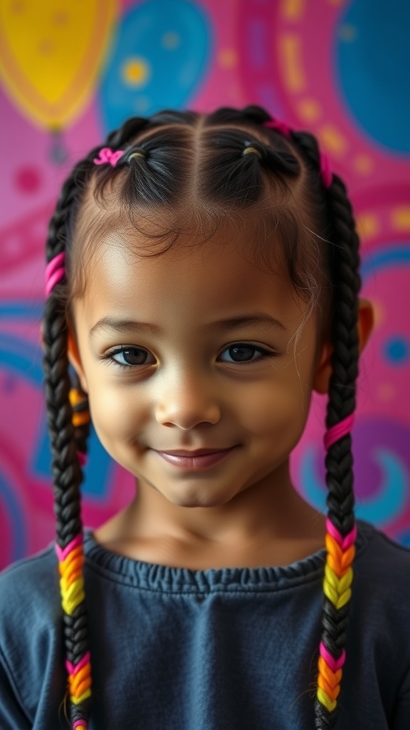 A young girl with colorful braided hairstyles, featuring bright extensions, smiling in front of a vibrant background.