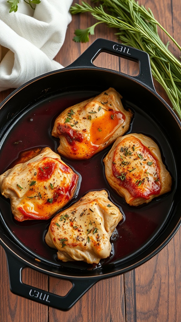 Braised chicken thighs seasoned with herbs in a rich red wine sauce.