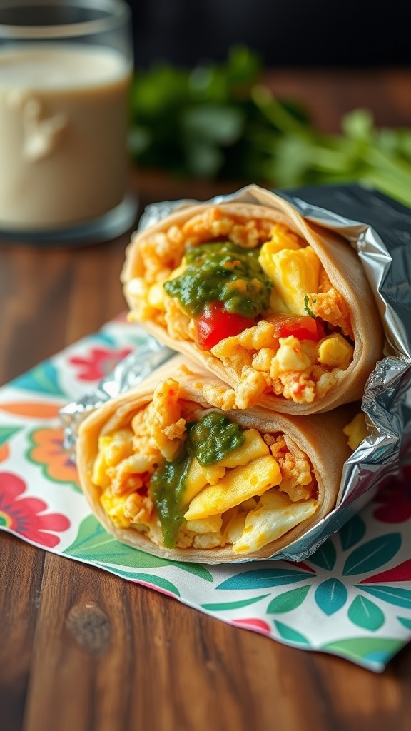 A delicious breakfast burrito filled with scrambled eggs, cheese, and salsa verde, wrapped in a tortilla.