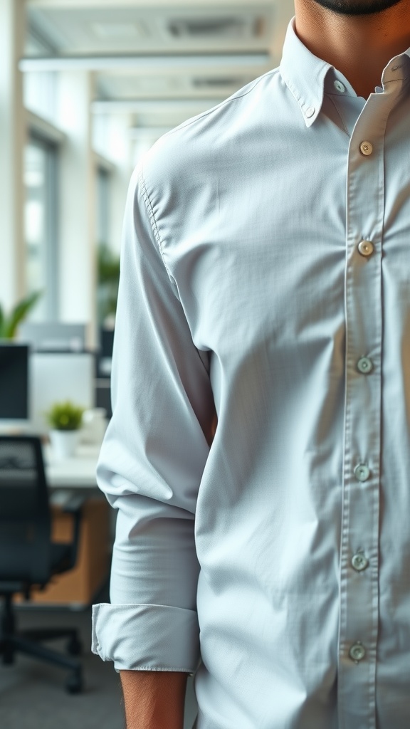 A close-up of a man wearing a light-colored cotton button-up shirt with rolled sleeves in an office environment.