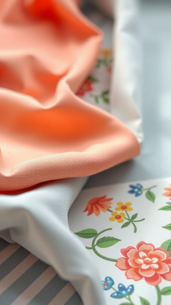 A close-up of breathable fabrics in peach and floral patterns, ideal for summer business casual outfits.