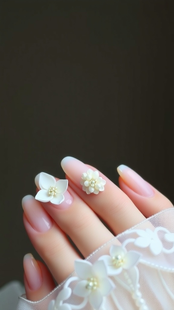 Almond-shaped nails with 3D white flowers and pearls, perfect for bridal nail art.