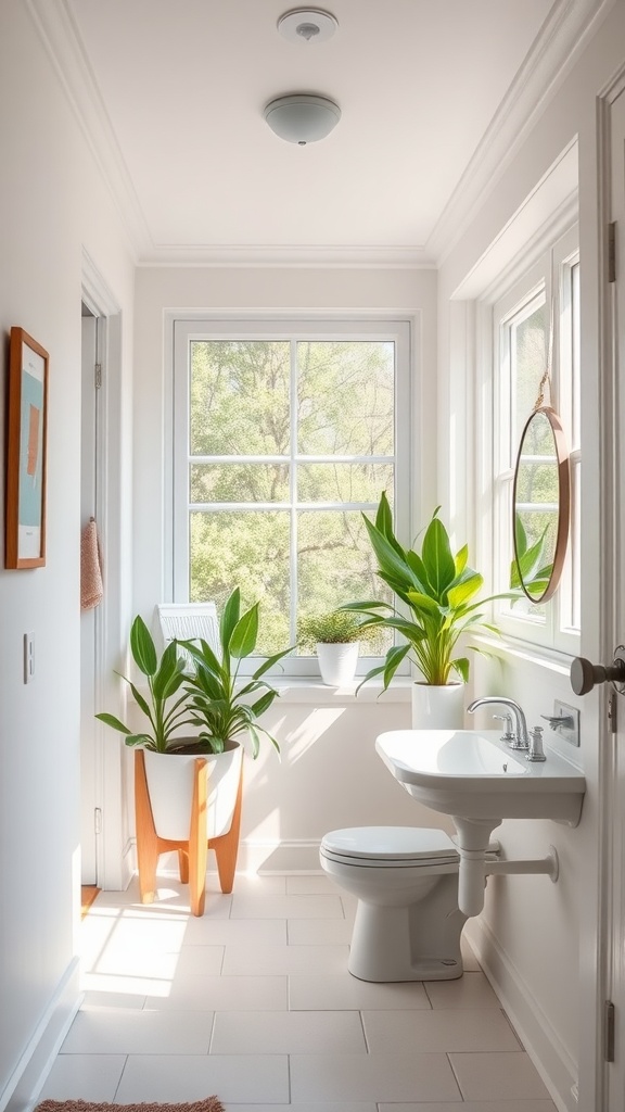 A bright and airy guest half bathroom with natural light, plants, and a simple design.