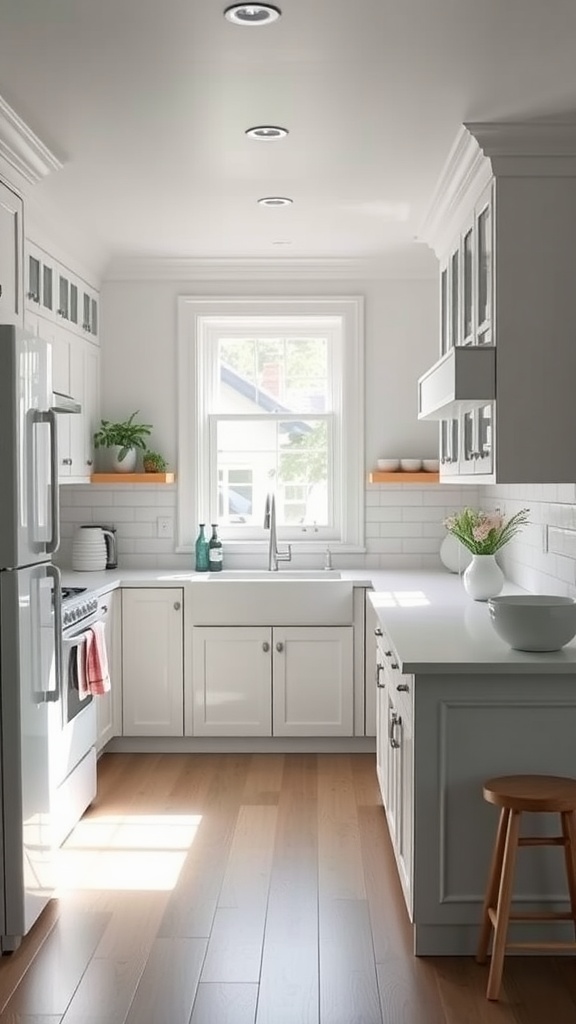 Bright and airy farmhouse kitchen with white cabinetry and warm wooden floors