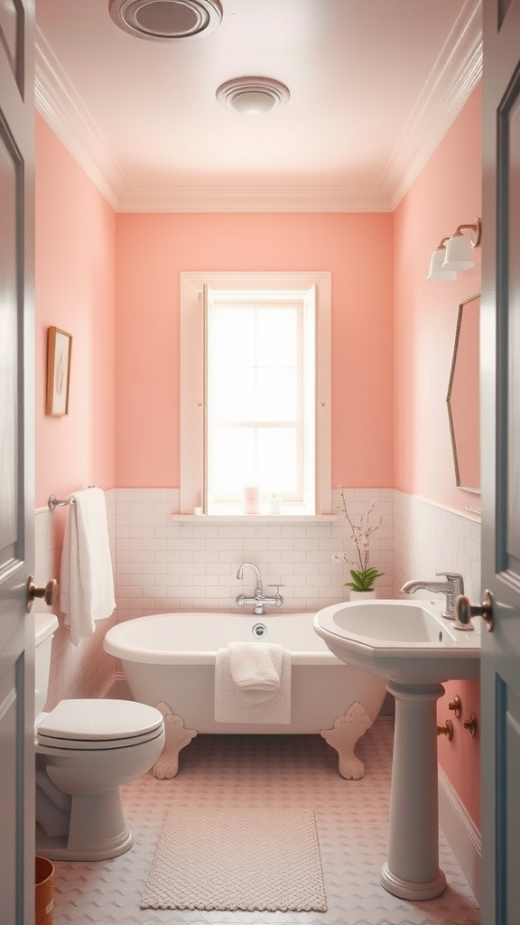 A small bathroom featuring soft pink walls, white subway tiles, and a vintage bathtub
