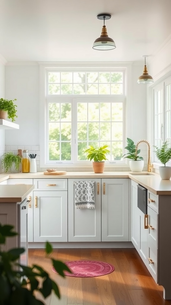 A bright white farmhouse kitchen with natural lighting and green plants.