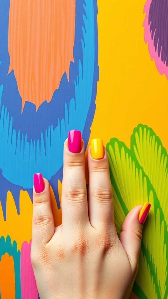 A hand with short acrylic nails painted in bright pink and yellow colors against a colorful background.