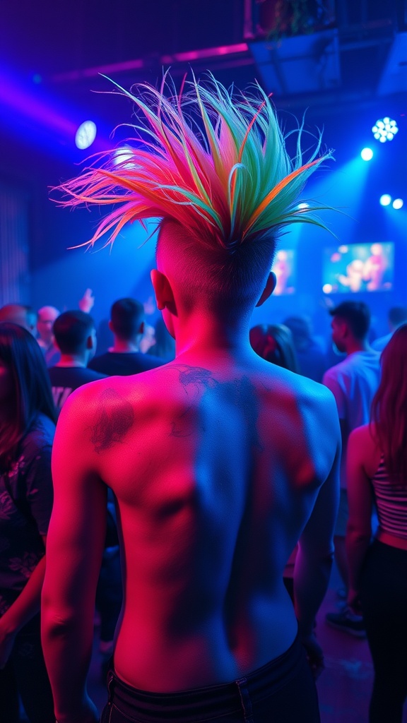 A person with spiky green hair at a techno rave, surrounded by a crowd and colorful lights.