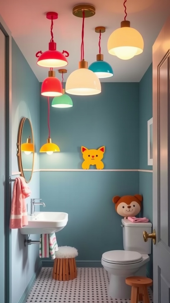 A bright and cheerful kids bathroom featuring colorful pendant lights and playful decor.