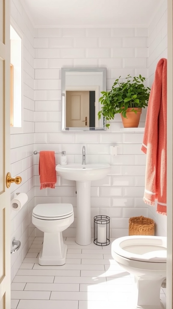 Small bathroom with white tiles, coral towels, and a potted plant.