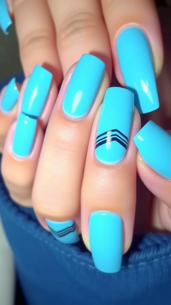 Bright blue acrylic nails with graphic black stripes