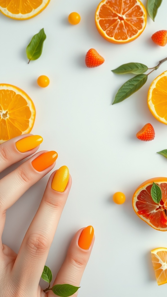 A hand with bright yellow almond-shaped nails surrounded by fresh citrus fruits.