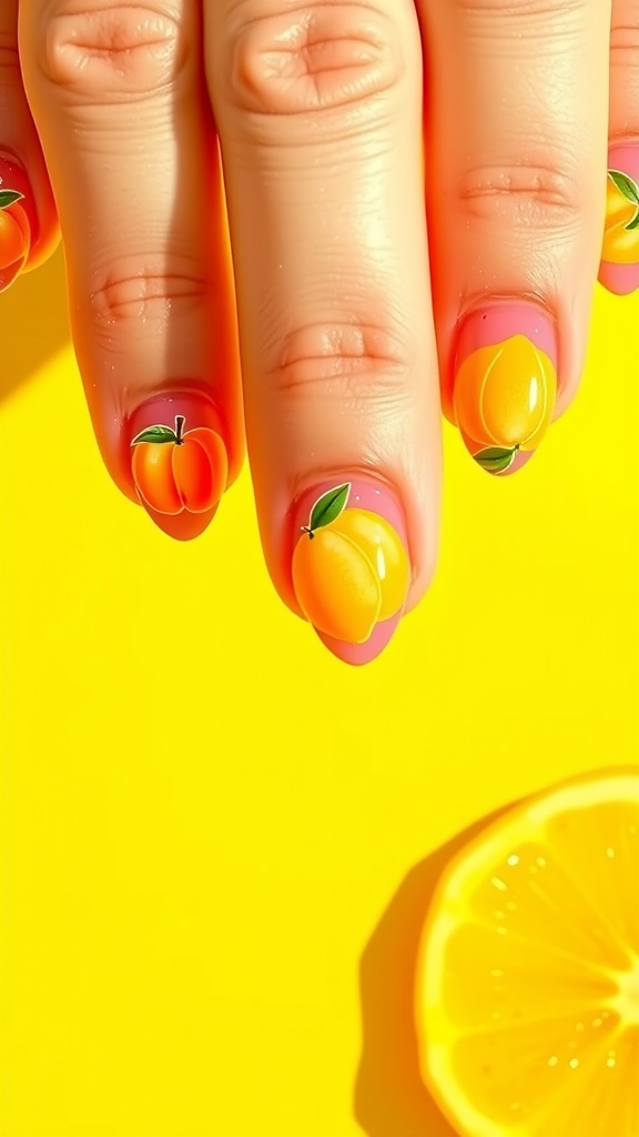Colorful nails featuring peach and lemon designs on a bright yellow background