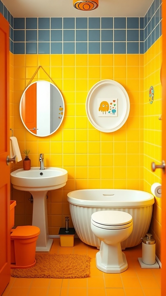 A colorful kids bathroom featuring yellow and blue tiles with bright accessories.