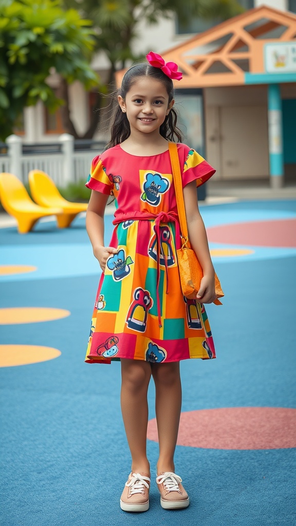 A young girl in a bright, colorful dress with playful patterns, wearing a pink bow and carrying an orange bag, standing on a vibrant playground.