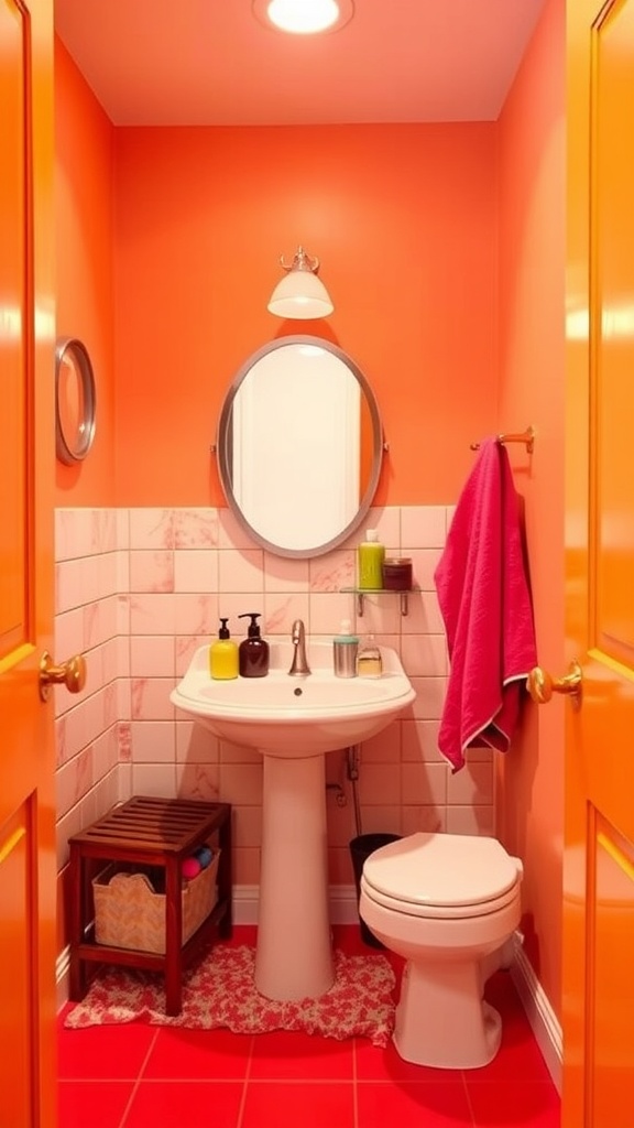 A small half bathroom with vibrant orange walls, red floor, and playful accessories.