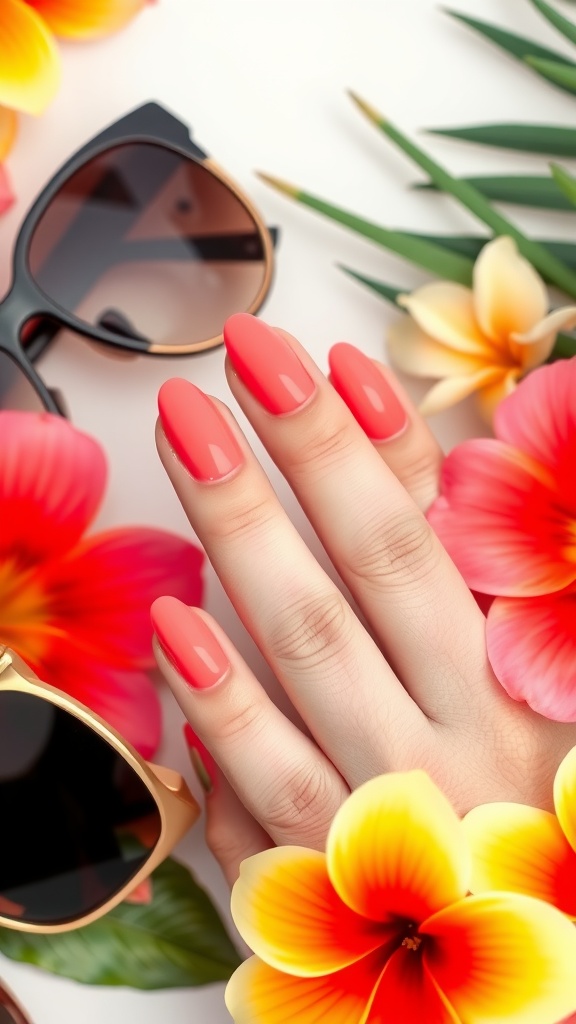 Close-up of bright coral almond nails surrounded by tropical flowers and sunglasses