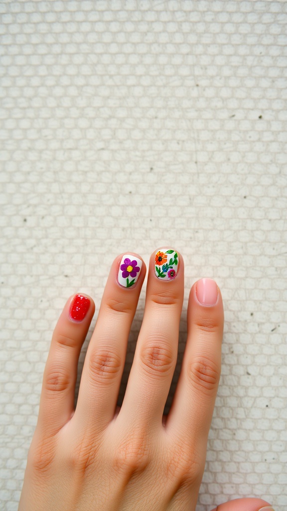 A hand showing bright floral nail art with colorful designs on some nails and solid colors on others.