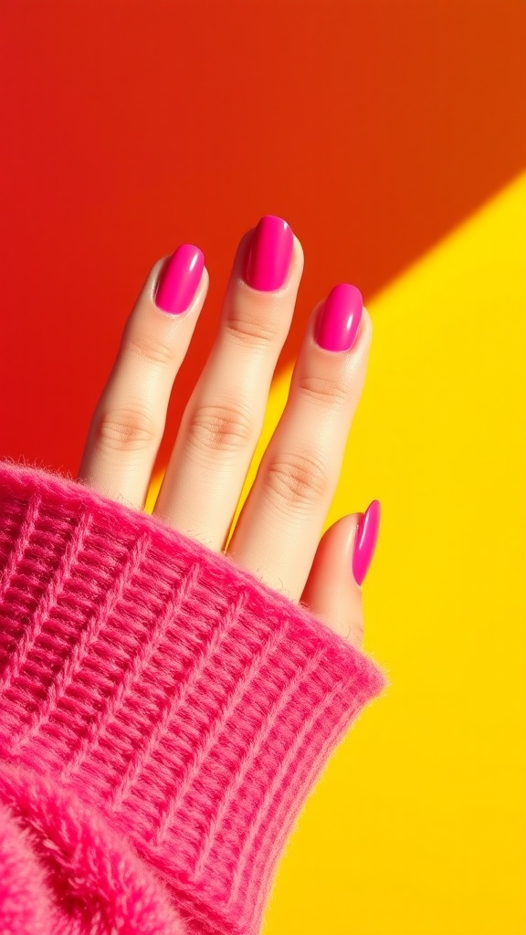 A close-up of a hand with bright fuchsia almond nails, wearing a pink sweater, against a yellow background.