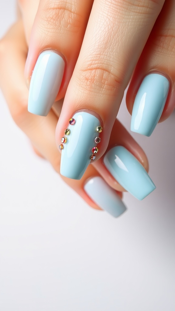 Nails painted in bright light blue with rhinestones, showcasing a stylish manicure.