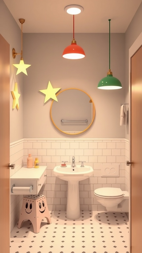 A kids bathroom featuring colorful pendant lights and star decorations