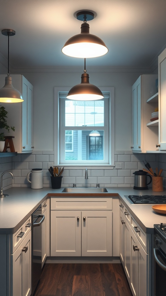 A small kitchen featuring bright pendant lights and a window for natural light.