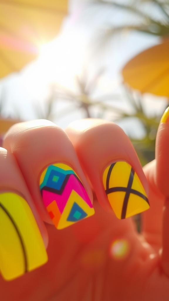 A hand with bright yellow nails featuring geometric designs in pink, blue, and black, set against a sunny background.