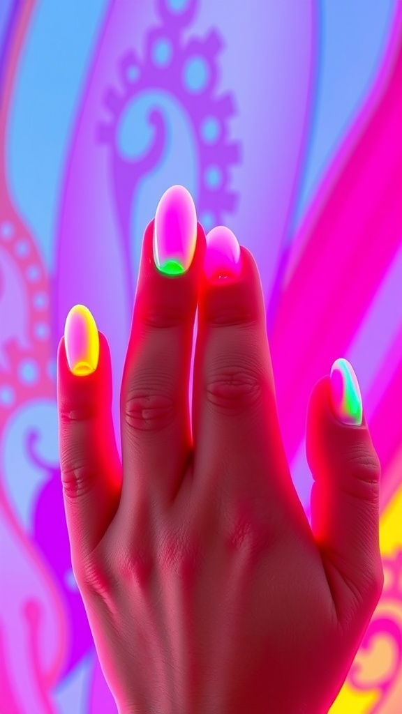 A hand with bright neon almond nails in various colors against a colorful background.