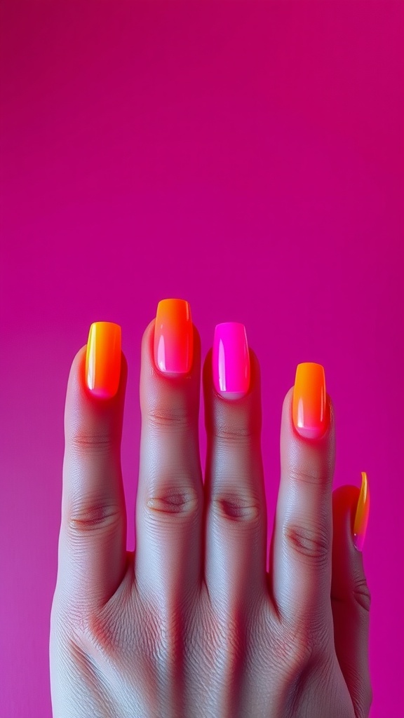 A hand showing short coffin nails painted in bright neon colors like pink and orange against a pink background.