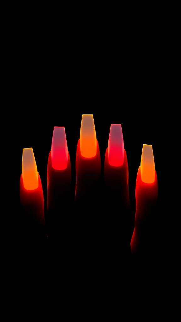 Bright neon coffin nails with a gradient from red to yellow