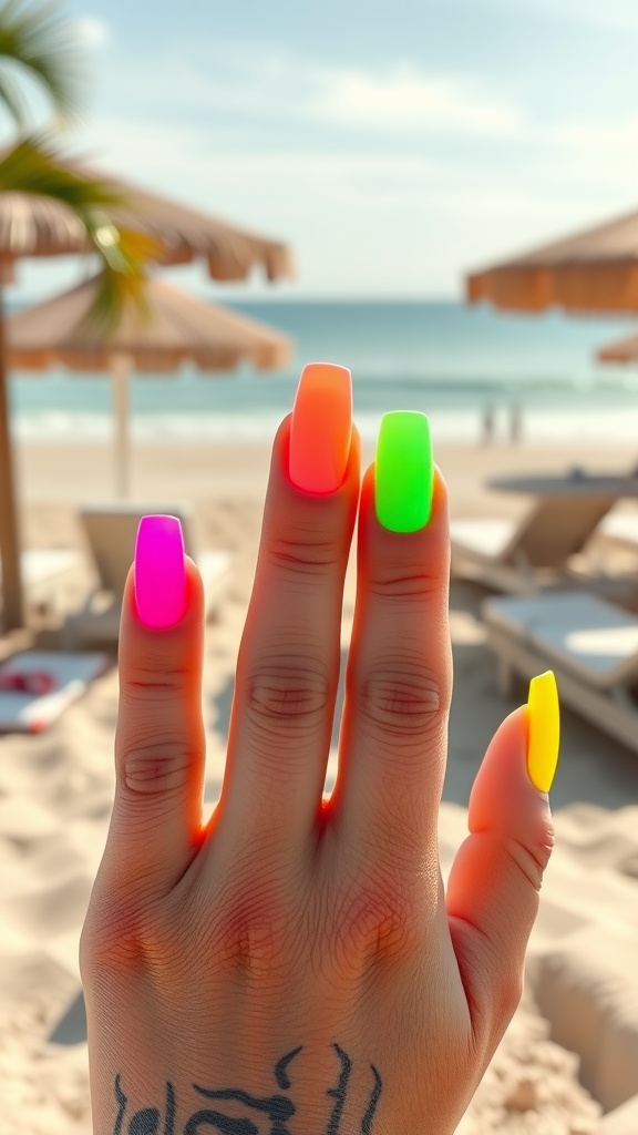 A hand showing brightly colored neon coffin nails with a beach background.