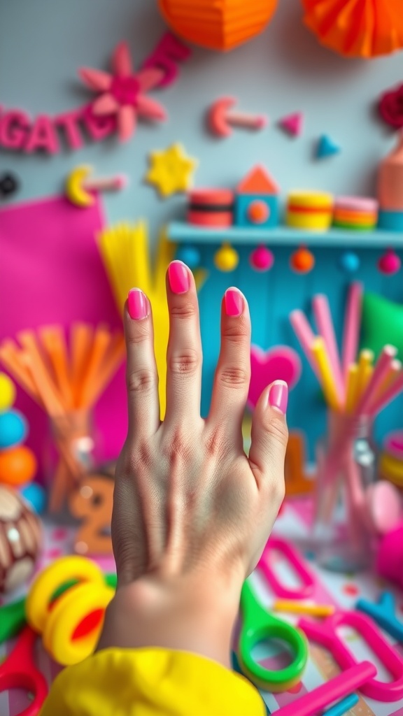 A hand showing off bright pink nail polish against a colorful background with playful decorations.