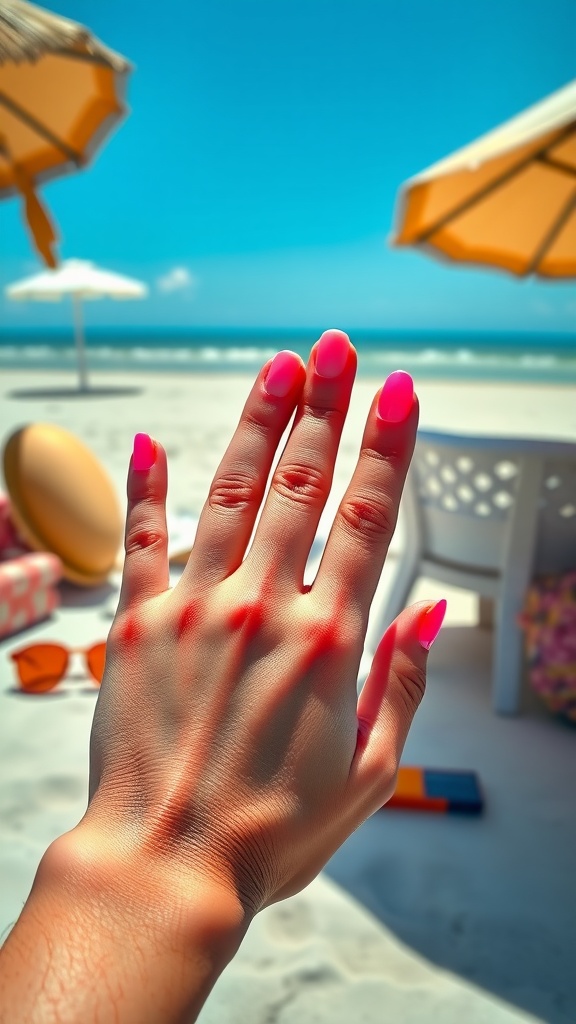 A hand with bright pink nails against a beach background with umbrellas and blue skies.