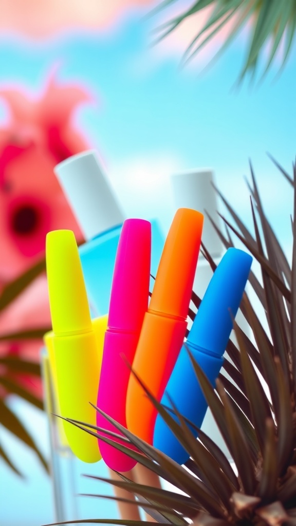 A collection of bright neon nail polish bottles against a tropical background
